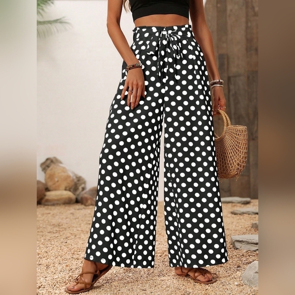 Women High Waist Polka Dot Print Wide Leg Relaxed Fit Casual Vacation Pants - Picture 1 of 5